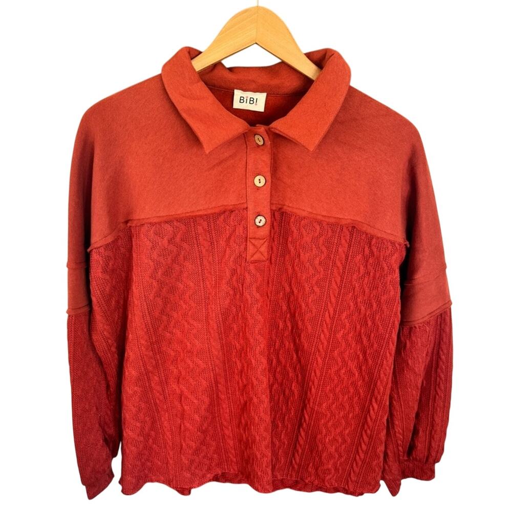 BiBi Rust Cable Knit Henley Pullover Women's Small NWOT